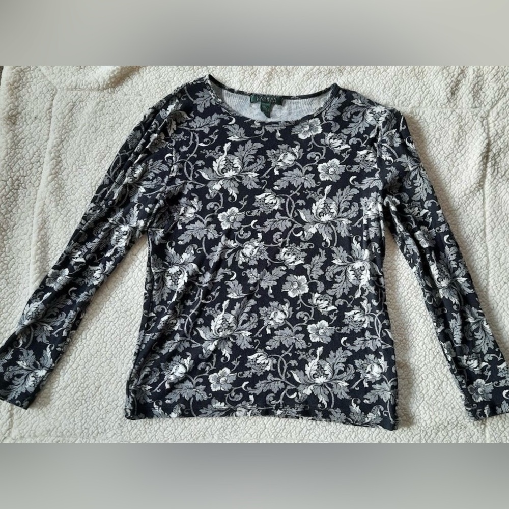 Ralph Lauren Floral Flower Black White Gray Cotton Knit Shirt 
Lg